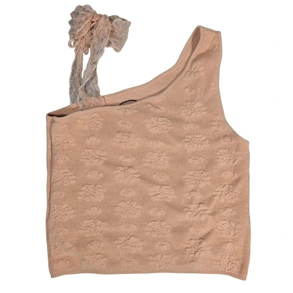 Zara Girls Peach One Shoulder Knit Top Metallic Bow Detail Size 11-12 152cm